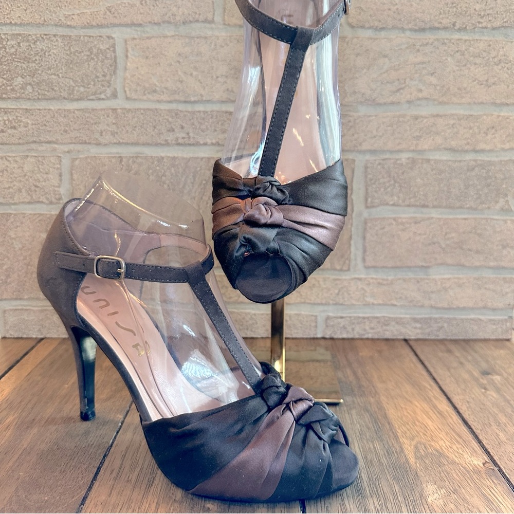 Unisa T-Strap Satin Knot High Heel Stiletto Chocolate / Wine / Gray / Size 7.5M